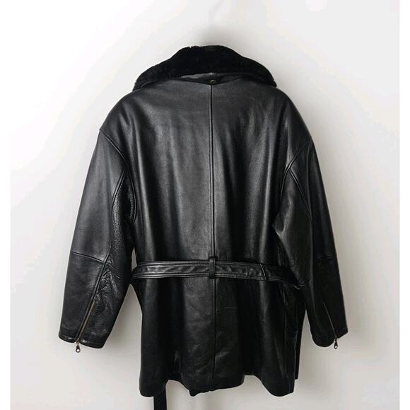 Vtg 90s Tannery West Black Leather Jacket Mens Large Belted Coat Faux Fur Trim - Picture 9 of 14